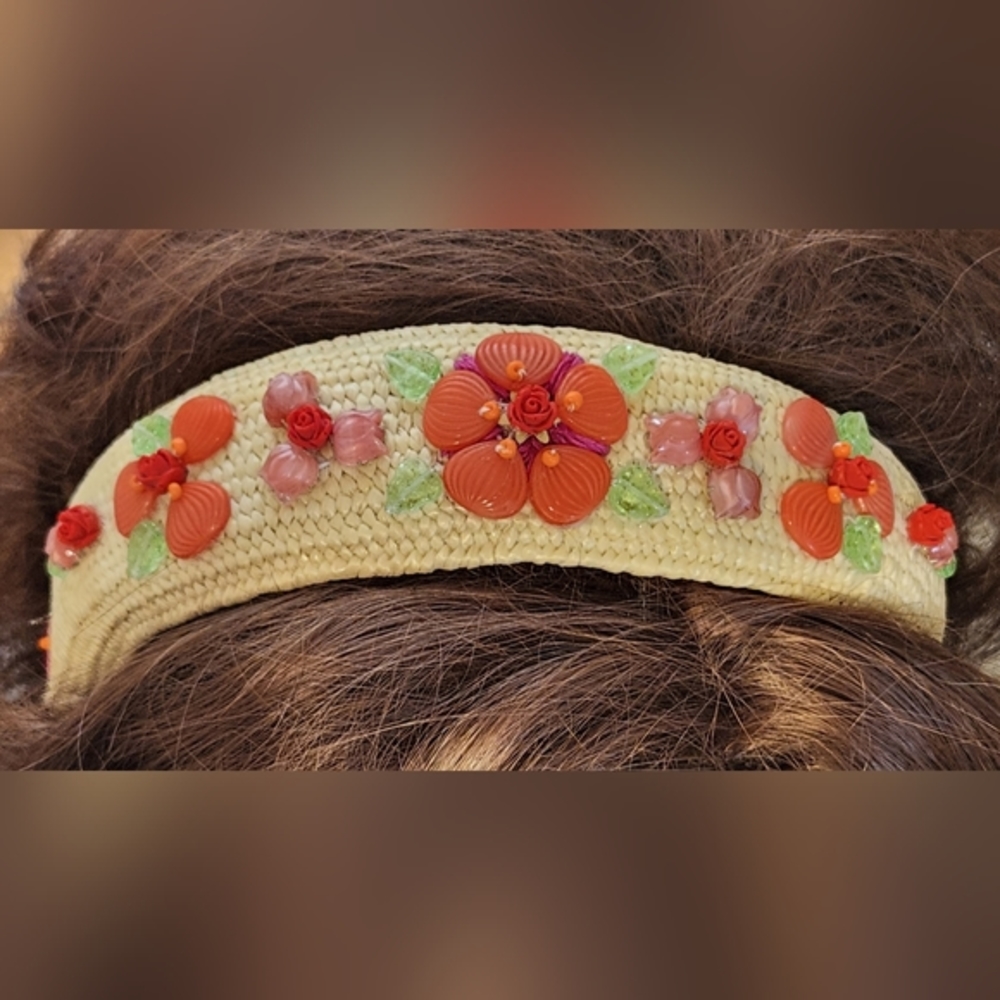 Handbeaded Orange Straw Rattan Headband One of a Kind - Picture 2 of 5